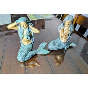 Pair vintage bronze Verdigris Mermaid figurines coastal decor christmas treeshop